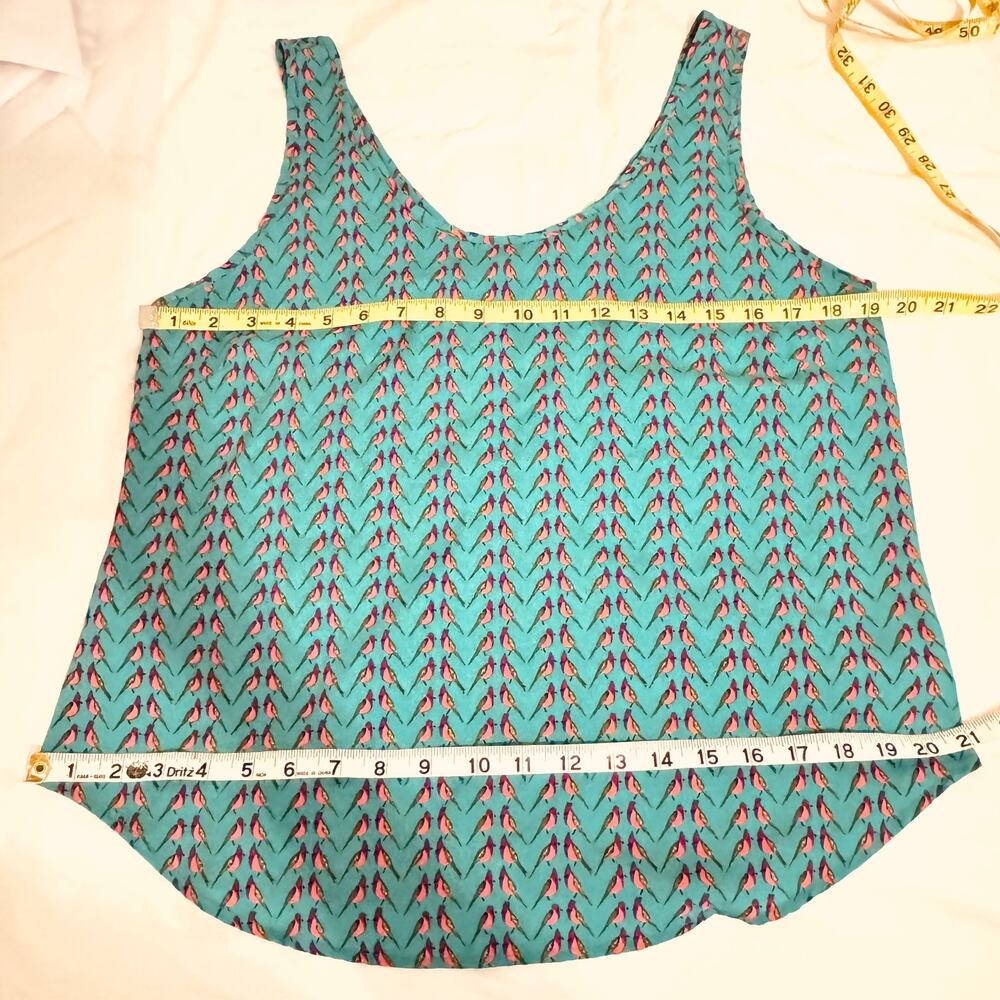 B Jewel Turquoise Scoop Neck Bird Print Tank Top Orange Trim Zipper Back Large - Picture 11 of 12